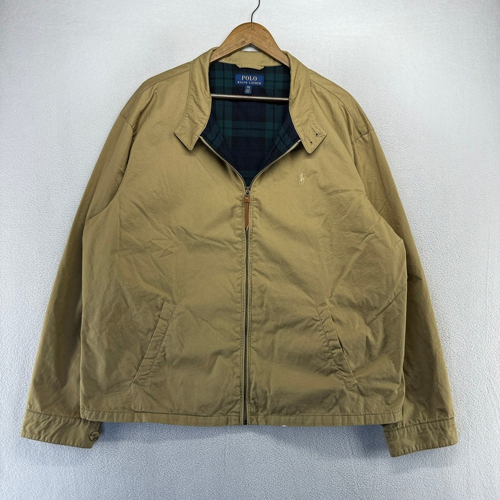 Ralph Lauren Jacket Mens 2XL Tan Brown Bi-Swing Tartan Plaid Lined Bomber Polo